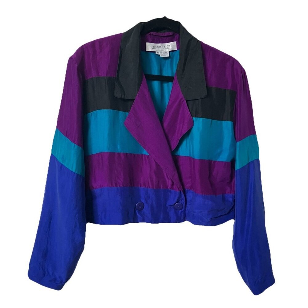 Vintage Sunny Leigh‎ Blazer Womens M 100% Silk Stripe Cropped 80s Blue Purple